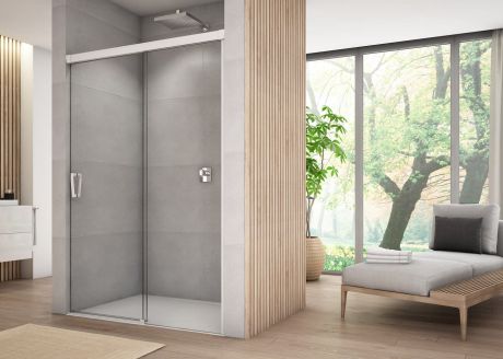 Przejdź do produktu Drzwi prysznicowe dwuczęściowe 140x200 cm przesuwne Sanswiss Cadura White Line CAS2G1400907 biały mat