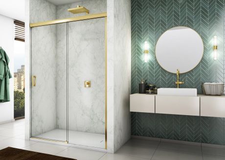 Przejdź do produktu Drzwi prysznicowe dwuczęściowe 130x200 cm przesuwne Sanswiss Cadura Gold Line CAS2G1301207 złoty