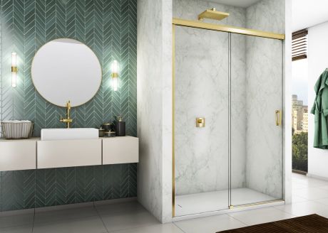 Przejdź do produktu Drzwi prysznicowe dwuczęściowe 180x200 cm przesuwne Sanswiss Cadura Gold Line CAS2G1801207 złoty