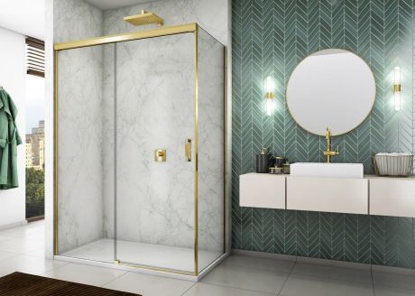 Przejdź do produktu Kabina prysznicowa 100x200x100 cm ze złotymi profilami i drzwiami przesuwnymi Sanswiss Cadura Gold Line CAS2G1001207+CAST1001207 złoty