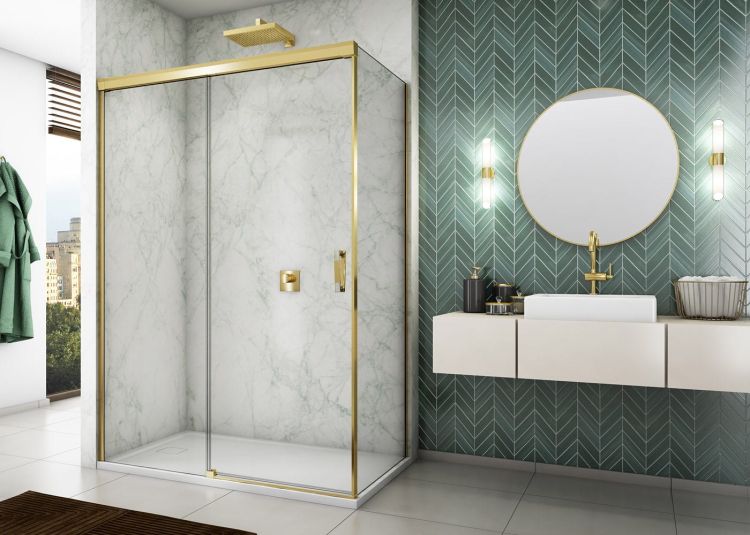 Kabina prysznicowa 100x200x100 cm ze złotymi profilami i drzwiami przesuwnymi Sanswiss Cadura Gold Line CAS2G1001207+CAST1001207 złoty - lewe drzwi
