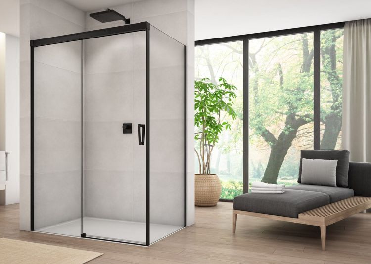 Kabina prysznicowa 110x200x110 cm z czarnymi profilami i drzwiami przesuwnymi Sanswiss Cadura Black Line CAS2G1100607+CAST1100607 czarny mat- drzwi lewe