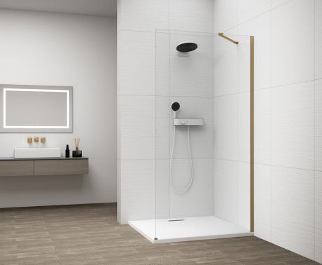 Przejdź do produktu ESCA GOLD MATT jednoczęściowa kabina przysznicowa Walk-In, montaż przy ścianie, szkło czyste, 900 mm
