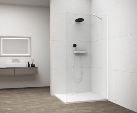 Przejdź do produktu ESCA WHITE MATT jednoczęściowa kabina przysznicowa Walk-In, montaż przy ścianie, szkło czyste, 800 mm