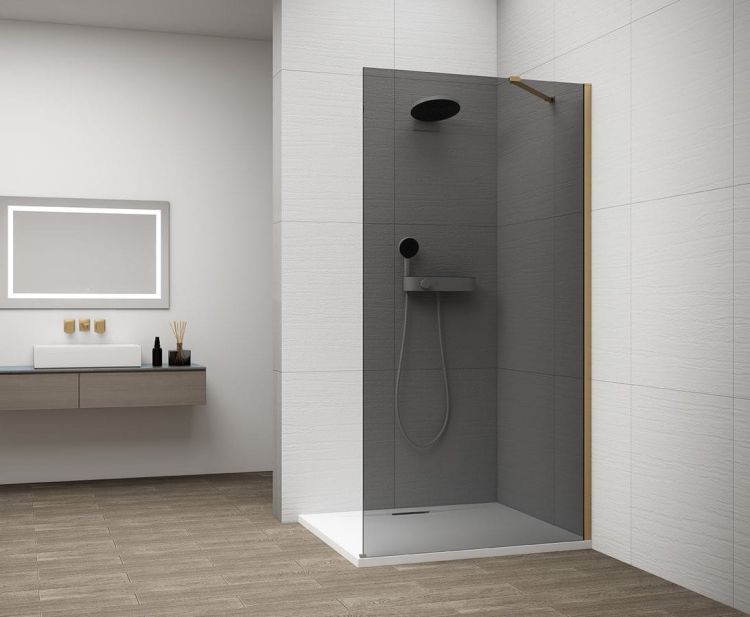 ESCA GOLD MATT jednoczęściowa kabina przysznicowa Walk-In, montaż przy ścianie, szkło dymione, 900 mm