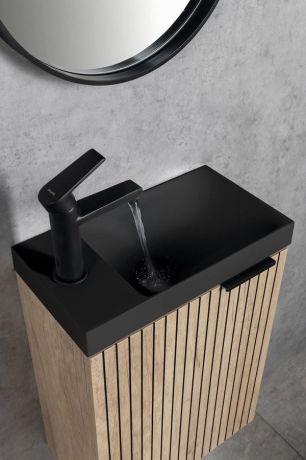 Przejdź do produktu AMAROK umywalka kompozytowa 40x22cm, czarny mat, bateria z lewej strony