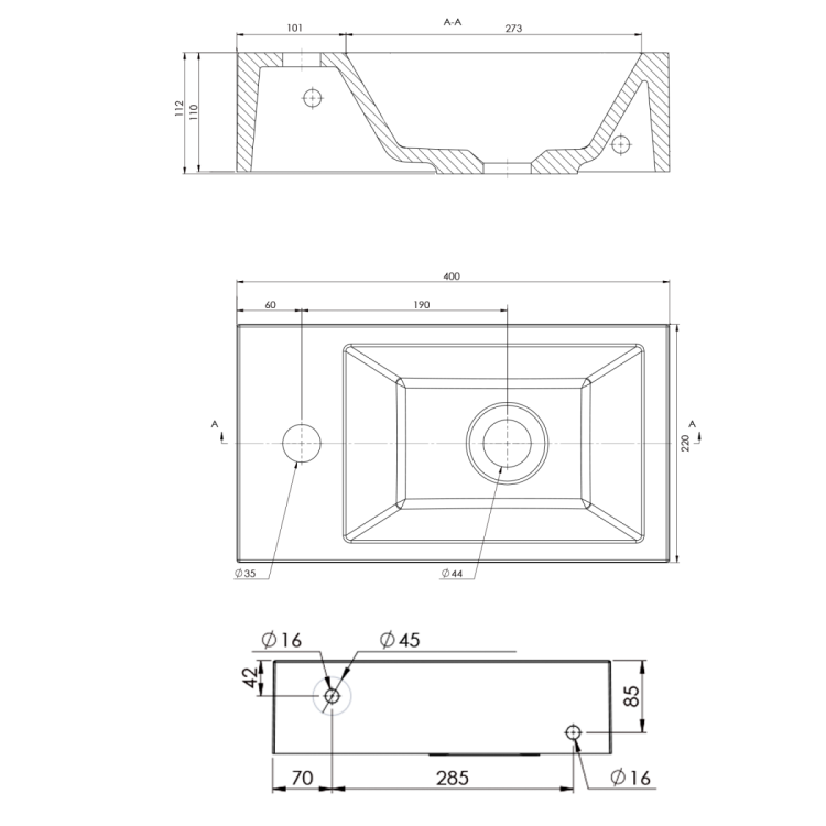 AMAROK umywalka kompozytowa 40x22cm, czarny mat, bateria z lewej strony