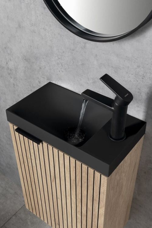 AMAROK umywalka kompozytowa 40x22cm, czarny mat, bateria z prawej strony