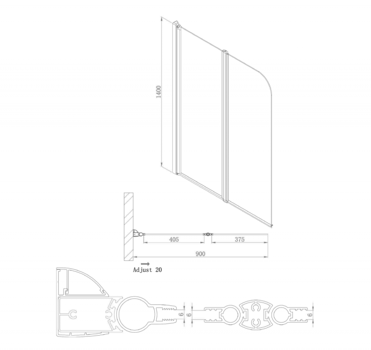 ONE parawan wannowy składany 900mm, szkło czyste