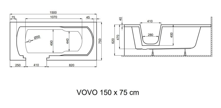Wanna prostokątna dla niepełnosprawnych 150x75 cm z drzwiczkami i siedziskiem Polimat VOVO 00484 biały