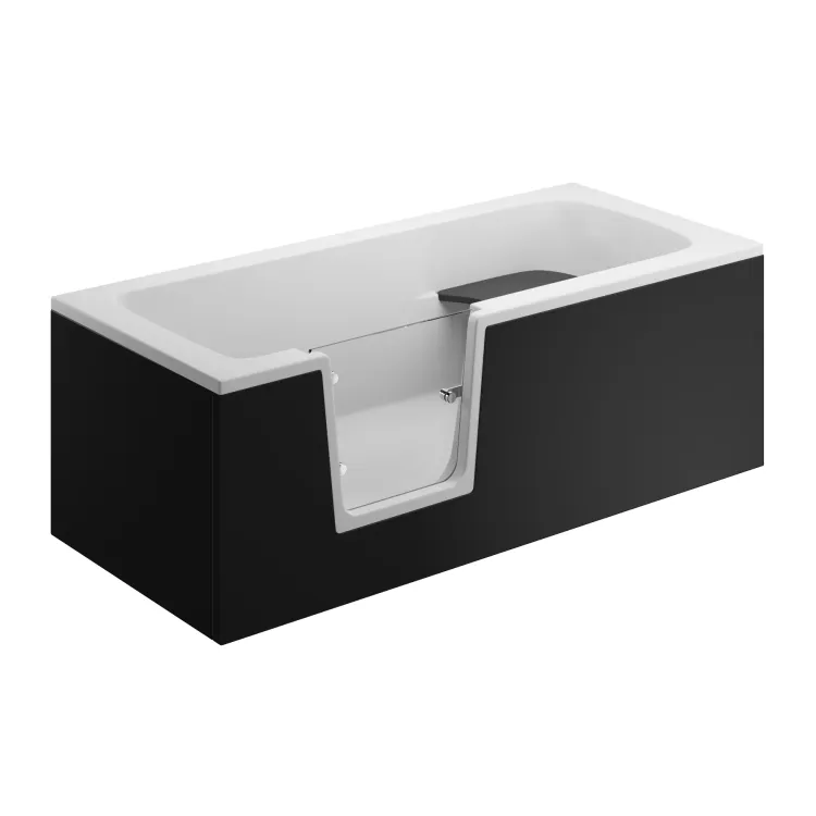 Czarna wanna prostokątna dla niepełnosprawnych 150x75 cm z drzwiczkami i siedziskiem Polimat VOVO 00484 - z czarną obudową