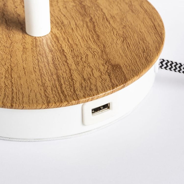 KEITH/AMBITUS 30 stołowa z USB  Polycotton biała/buk 230V LED E27 15W