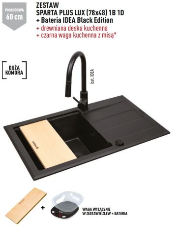 Przejdź do produktu Zlewozmywak jednokomorowy 78x48 cm z czarną baterią 1B 1D Pyramis Sparta Plus Lux 070175802BE volcano lewy