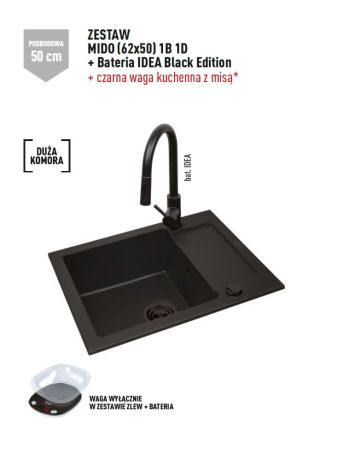 Przejdź do produktu Zlewozmywak jednokomorowy 62x50 cm z czarną baterią 1B 1D Pyramis Mido  070167602BE Volcano lewy