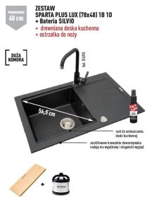 Zlewozmywak jednokomorowy 78x48 cm z czarną baterią Silvio 1B 1D Pyramis Sparta Plus Lux 070083701Sn czarny lewy