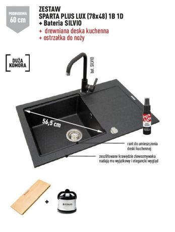Przejdź do produktu Zlewozmywak jednokomorowy 78x48 cm z czarną baterią Silvio 1B 1D Pyramis Sparta Plus Lux 070083701Sn czarny lewy