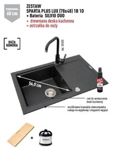 Zlewozmywak jednokomorowy 78x48 cm z czarną baterią Silvio Duo 1B 1D Pyramis Sparta Plus Lux 070083701St czarny lewy