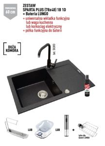 Zlewozmywak jednokomorowy 78x48 cm z czarną baterią Lungo 1B 1D Pyramis Sparta Plus Lux 070052701L czarny lewy