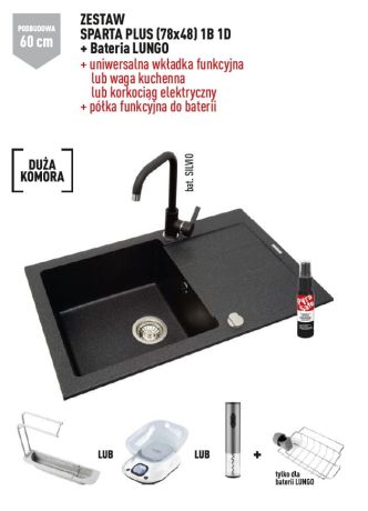 Przejdź do produktu Zlewozmywak jednokomorowy 78x48 cm z czarną baterią Lungo 1B 1D Pyramis Sparta Plus Lux 070052701L czarny lewy