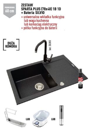 Przejdź do produktu Zlewozmywak jednokomorowy 78x48 cm z czarną baterią Silvio 1B 1D Pyramis Sparta Plus Lux 070052701S czarny lewy