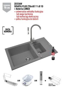 Zlewozmywak jednokomorowy 78x48 cm z szarą baterią Lungo 1,5B 1D Pyramis Sparta Plus 070063101L szary beton