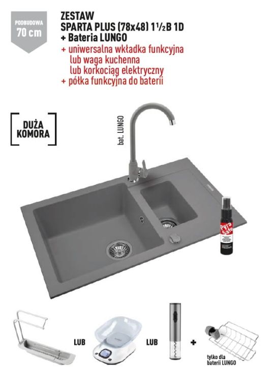 Zlewozmywak jednokomorowy 78x48 cm z szarą baterią Lungo 1,5B 1D Pyramis Sparta Plus 070063101L szary beton