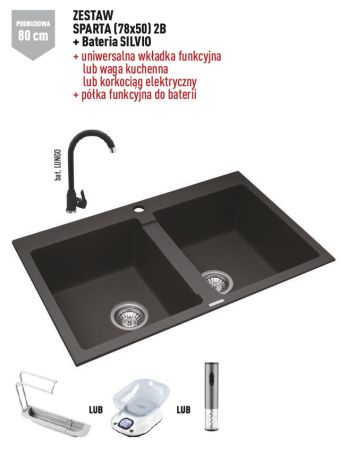 Przejdź do produktu Zlewozmywak dwukomorowy granitowy 78x50 cm z baterią Silvio 2B Pyramis Sparta 070167001S czarny Volcano