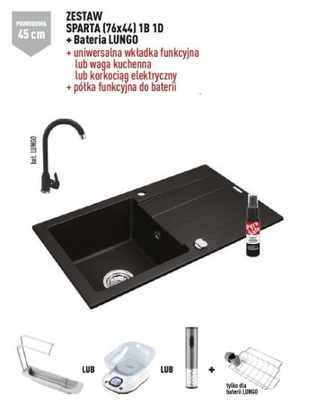 Przejdź do produktu Zlewozmywak jednokomorowy granitowy 76x44 cm z baterią Lungo 1B 1D Pyramis Sparta 070166701L czarny Volcano