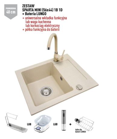 Przejdź do produktu Zlewozmywak jednokomorowy granitowy 56x44 cm z baterią Lungo 1B 1D Pyramis Sparta Mini 070179312L piaskowy beż