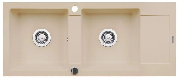 Zlewozmywak dwukomorowy 116x50 cm z czarną baterią Bello 2B 1D Pyramis Mido 070 090 701Bn beż