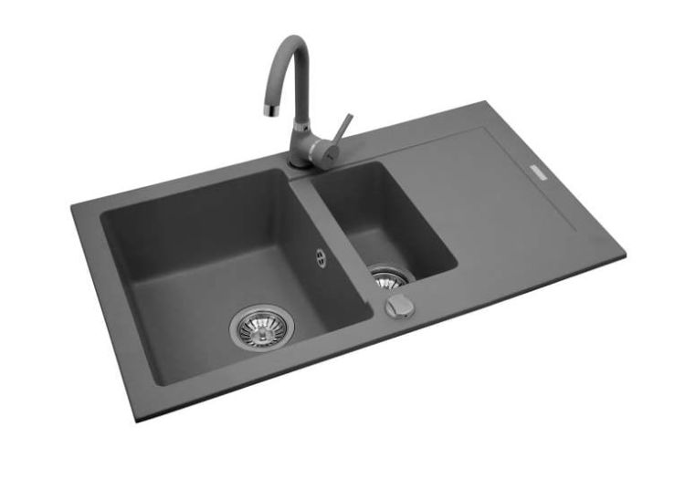 Zlewozmywak granitowy 100x50 cm z szarą baterią Silvio 1,5B 1D Pyramis Mido 070089901Sn szary beton