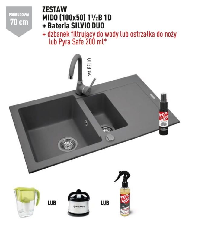 Zlewozmywak granitowy 100x50 cm z szarą baterią Silvio Duo 1,5B 1D Pyramis Mido 070089901St szary beton
