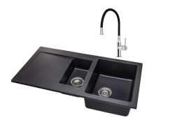 Zlewozmywak granitowy 1,5-komorowy 95x50 cm +bateria kuchenna Sili w zestawie Darfor DG005+SR426 czarny