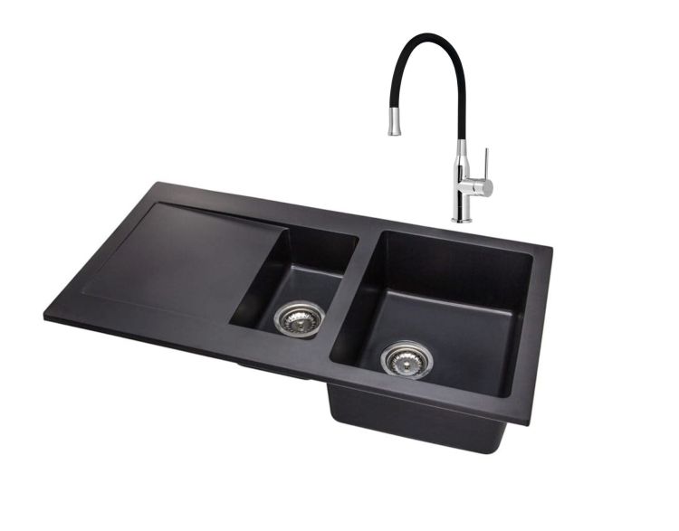 Zlewozmywak granitowy 1,5-komorowy 95x50 cm +bateria kuchenna Sili w zestawie Darfor DG005+SR426 czarny
