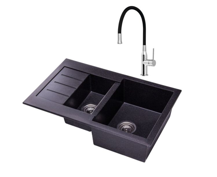 Zlewozmywak granitowy 1,5-komorowy 77x48 cm +bateria kuchenna Sili w komplecie Darfor DG013+SR426 czarny