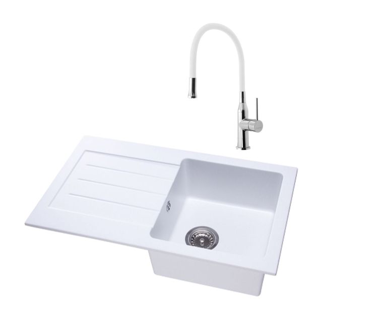 Zlewozmywak granitowy jednokomorowy 77x45 cm bateria kuchenna Sili w komplecie Darfor DG015+SR481 biały