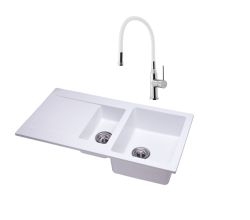 Zlewozmywak granitowy 1,5-komorowy 95x50 cm bateria kuchenna w zestawie Darfor DG005+SR481 biały