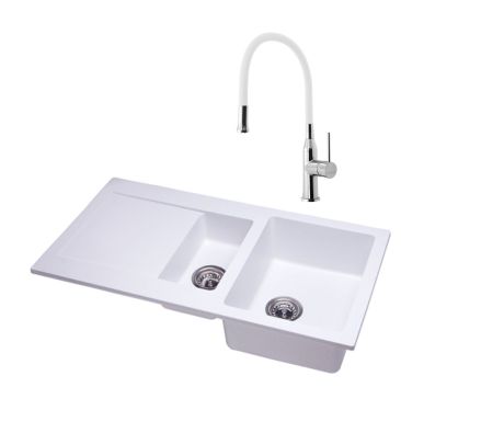 Przejdź do produktu Zlewozmywak granitowy 1,5-komorowy 95x50 cm bateria kuchenna w zestawie Darfor DG005+SR481 biały