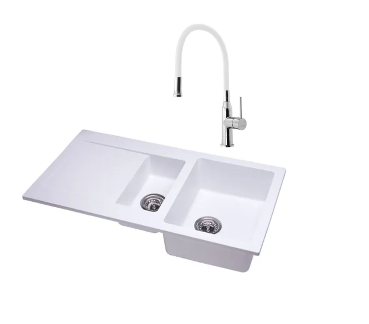 Zlewozmywak granitowy 1,5-komorowy 95x50 cm bateria kuchenna w zestawie Darfor DG005+SR481 biały