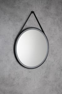 STAGO okrągłe lustro z oświetleniem LED średnica 60cm, ze skórzanym paskiem, czujnik dotykowy, ściemnialne, czarny mat