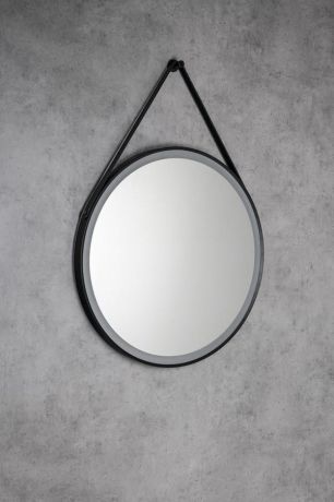 Przejdź do produktu STAGO okrągłe lustro z oświetleniem LED średnica 60cm, ze skórzanym paskiem, czujnik dotykowy, ściemnialne, czarny mat