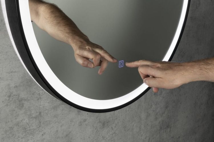 STAGO okrągłe lustro z oświetleniem LED średnica 60cm, ze skórzanym paskiem, czujnik dotykowy, ściemnialne, czarny mat