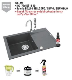 Zlewozmywak granitowy 79x50 cm z szarą baterią Silvio 1B 1D Pyramis Mido 070088701Sn szary beton