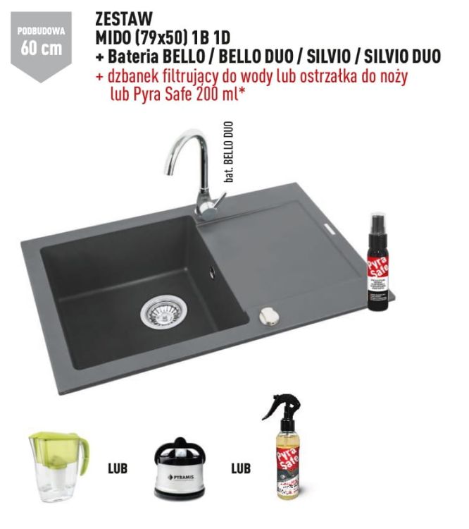 Zlewozmywak granitowy 79x50 cm z szarą baterią Silvio 1B 1D Pyramis Mido 070088701Sn szary beton