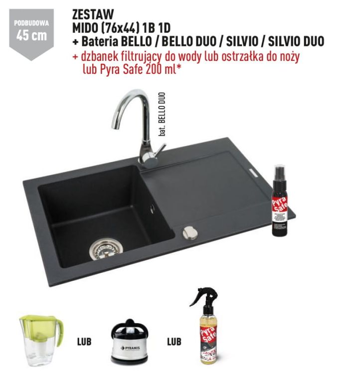 Zlewozmywak granitowy 76x44 cm z czarną baterią Silvio 1B 1D Pyramis Mido 070001201Sn czarny