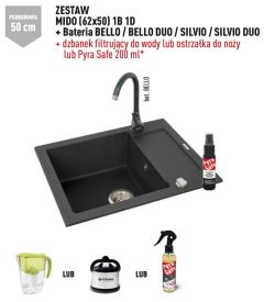 Czarny zlewozmywak granitowy 62x50 cm z czarną baterią Bello 1B 1D Pyramis Mido 070088401Bn