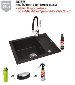 Czarny zlewozmywak granitowy 62x50 cm z czarną baterią Flessi 1B 1D Pyramis Mido 070088401F