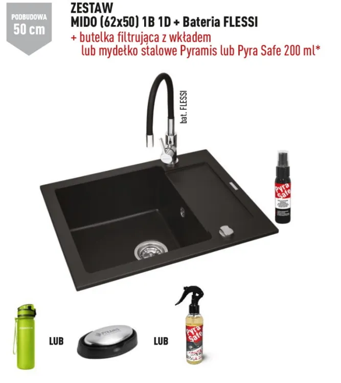 Czarny zlewozmywak granitowy 62x50 cm z czarną baterią Flessi 1B 1D Pyramis Mido 070088401F