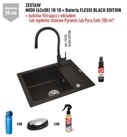 Czarny zlewozmywak granitowy 62x50 cm z czarną baterią Flessi Black Edition 1B 1D Pyramis Mido 070088401FB