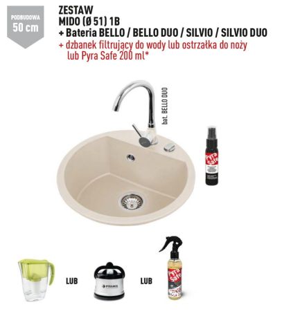 Przejdź do produktu Zlewozmywak jednokomorowy granitowy 51 cm z baterią kuchenną 1B Pyramis Mido 070087701Bn piaskowy beż